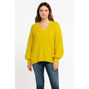 Anthropologie Simone yellow Fuzzy Chunky V neck sweater XS chartreuse autumn